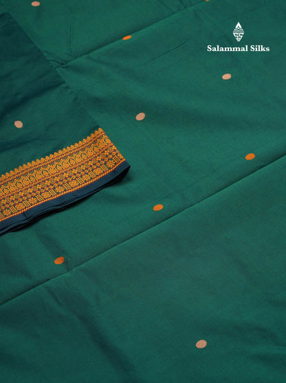 Beautiful Bottle Green Thread Buttas Handloom Semi Silk Cotton Saree With Yellow Traditional Thread Border
