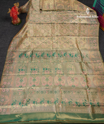 Beautiful Light Peach Tissue Bridal Menakari Work Fancy Pure Kanjivaram Silk Saree With Contrast Bottle Green Blouse