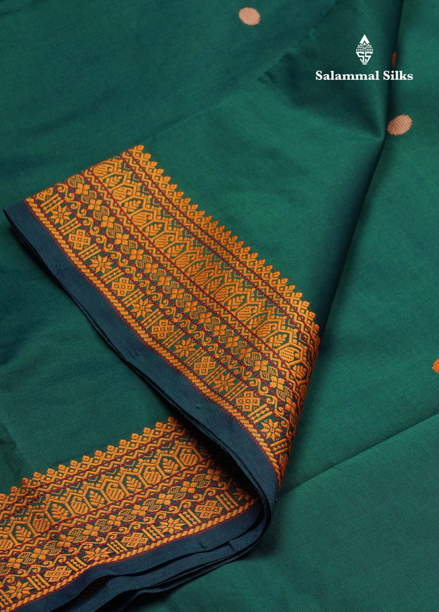 Beautiful Bottle Green Thread Buttas Handloom Semi Silk Cotton Saree With Yellow Traditional Thread Border