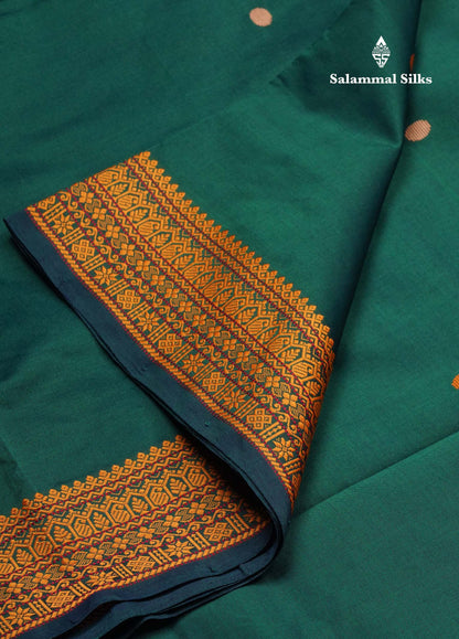 Beautiful Bottle Green Thread Buttas Handloom Semi Silk Cotton Saree With Yellow Traditional Thread Border
