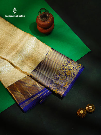 Beautiful Cream Bridal Pure Kanjivaram Silk Saree With Contrast Navy Blue Traditional Evening Morning Border