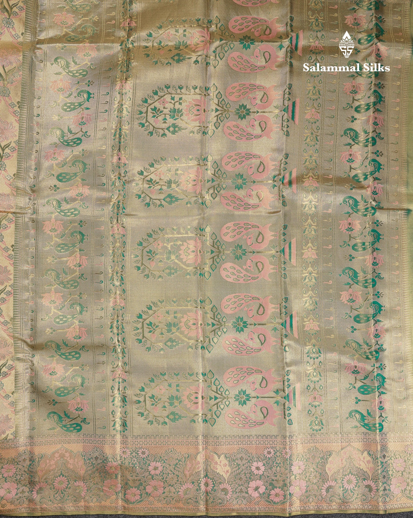 Beautiful Light Peach Tissue Bridal Menakari Work Fancy Pure Kanjivaram Silk Saree With Contrast Bottle Green Blouse