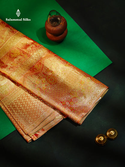 Beautiful Light Orange Tissue Bridal Menakari Work Pure Kanjivaram Silk Saree With Fancy Border