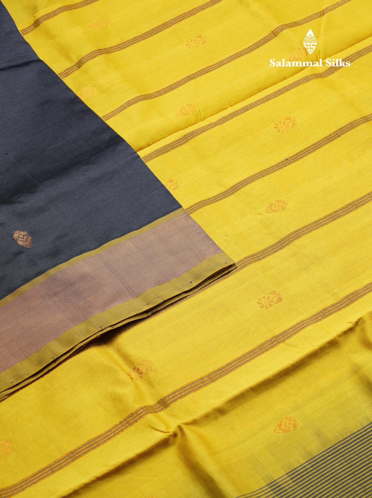 Beautiful Dark Brown Zari Butta Semi Silk Cotton Saree With Contrast Lemon Yellow Tissue Border