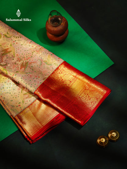 Beautiful Peach Tissue Menakari Work Bridal Pure Kanjivaram Silk Saree With Contrast Chilly Red Traditional Evening Morning Border