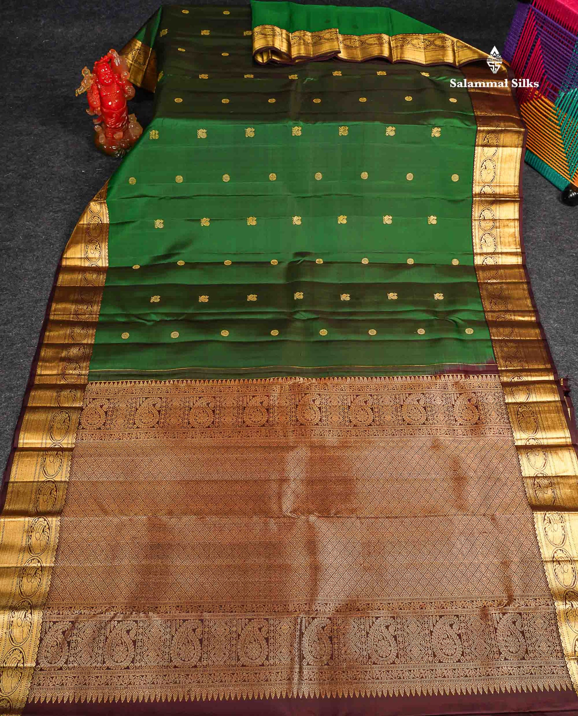 Pure Kanjivaram Silk Saree - bottle Green Colour Body Butta With Contrast Snuff Brown Traditional Border