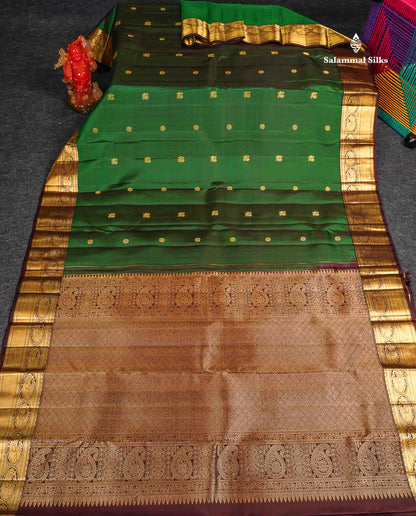 Pure Kanjivaram Silk Saree - bottle Green Colour Body Butta With Contrast Snuff Brown Traditional Border