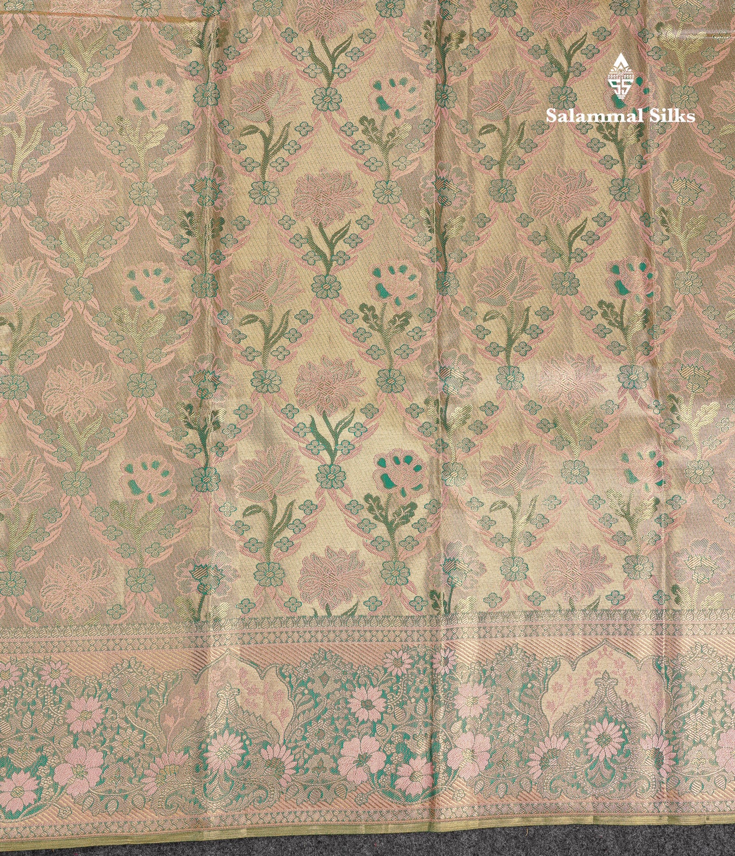 Beautiful Light Peach Tissue Bridal Menakari Work Fancy Pure Kanjivaram Silk Saree With Contrast Bottle Green Blouse