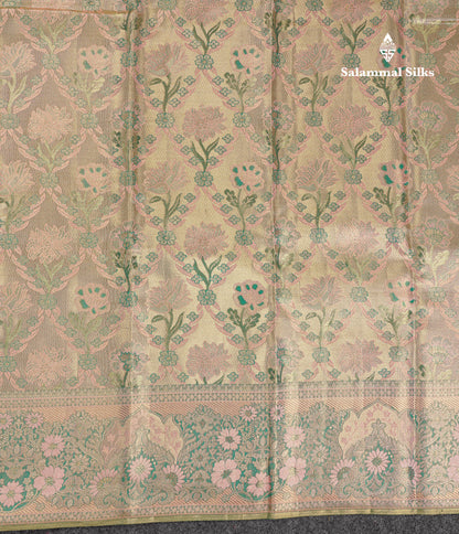 Beautiful Light Peach Tissue Bridal Menakari Work Fancy Pure Kanjivaram Silk Saree With Contrast Bottle Green Blouse