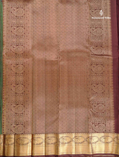 Pure Kanjivaram Silk Saree - bottle Green Colour Body Butta With Contrast Snuff Brown Traditional Border