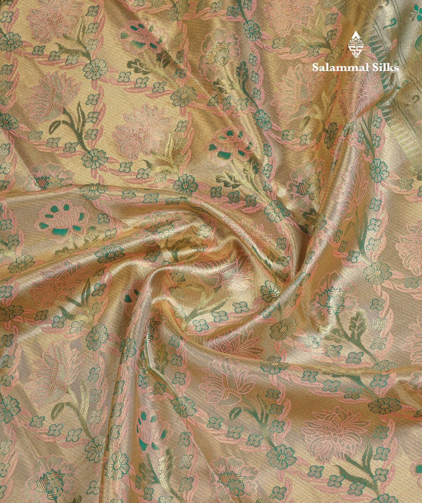 Beautiful Light Peach Tissue Bridal Menakari Work Fancy Pure Kanjivaram Silk Saree With Contrast Bottle Green Blouse