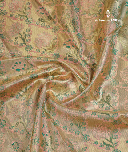 Beautiful Light Peach Tissue Bridal Menakari Work Fancy Pure Kanjivaram Silk Saree With Contrast Bottle Green Blouse