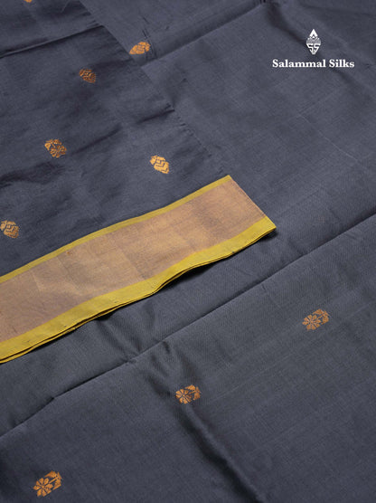 Beautiful Dark Brown Zari Butta Semi Silk Cotton Saree With Contrast Lemon Yellow Tissue Border