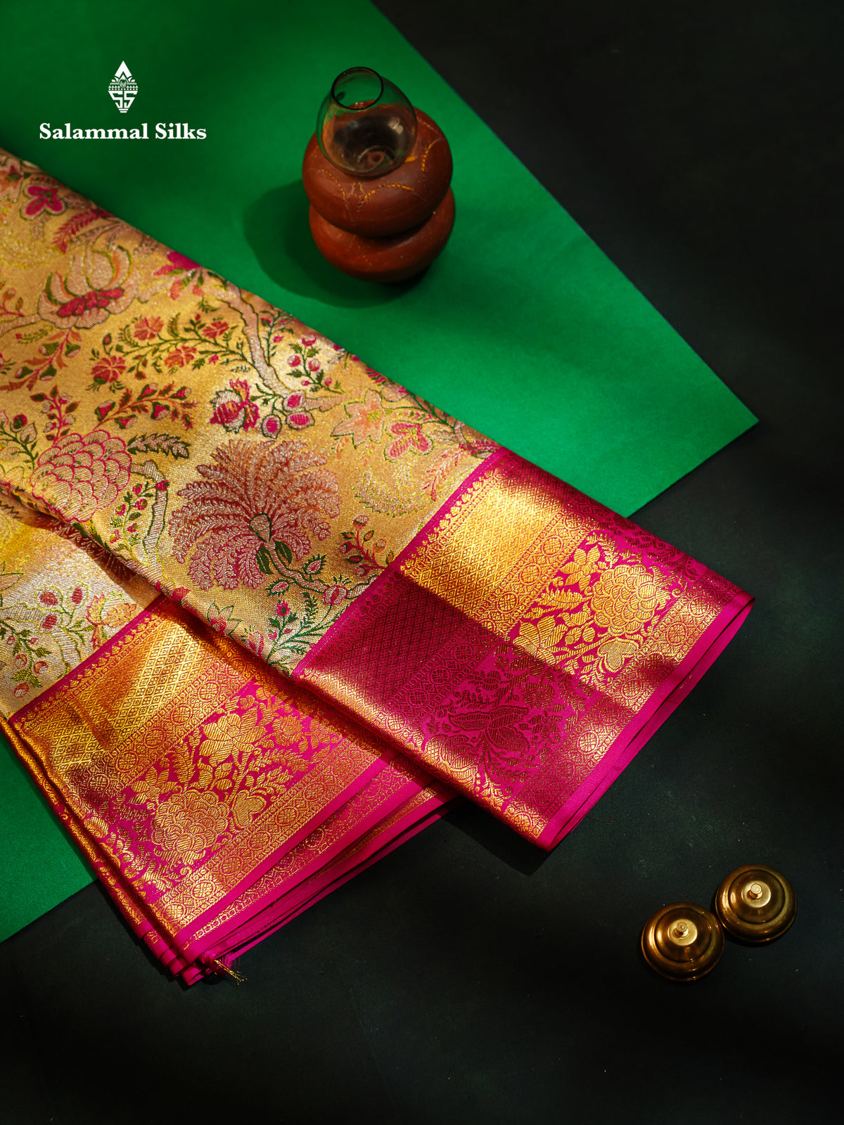 Beautiful Gold Tissu Bridal Menakari Work Pure Kanjivaram Silk Saree With Contrast Magenta Pink Traditional Border