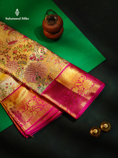 Beautiful Gold Tissu Bridal Menakari Work Pure Kanjivaram Silk Saree With Contrast Magenta Pink Traditional Border