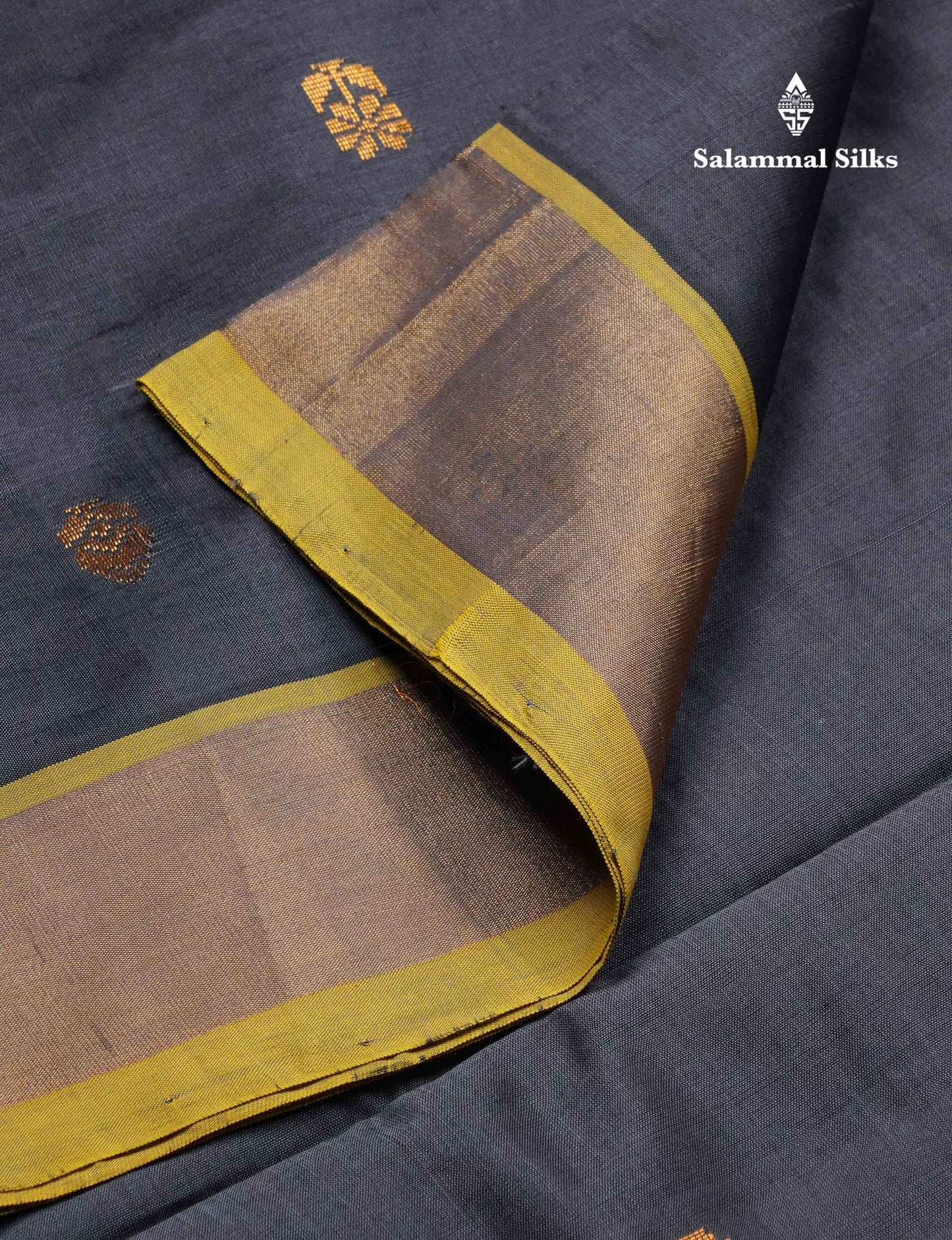 Beautiful Dark Brown Zari Butta Semi Silk Cotton Saree With Contrast Lemon Yellow Tissue Border