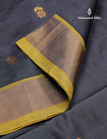 Beautiful Dark Brown Zari Butta Semi Silk Cotton Saree With Contrast Lemon Yellow Tissue Border