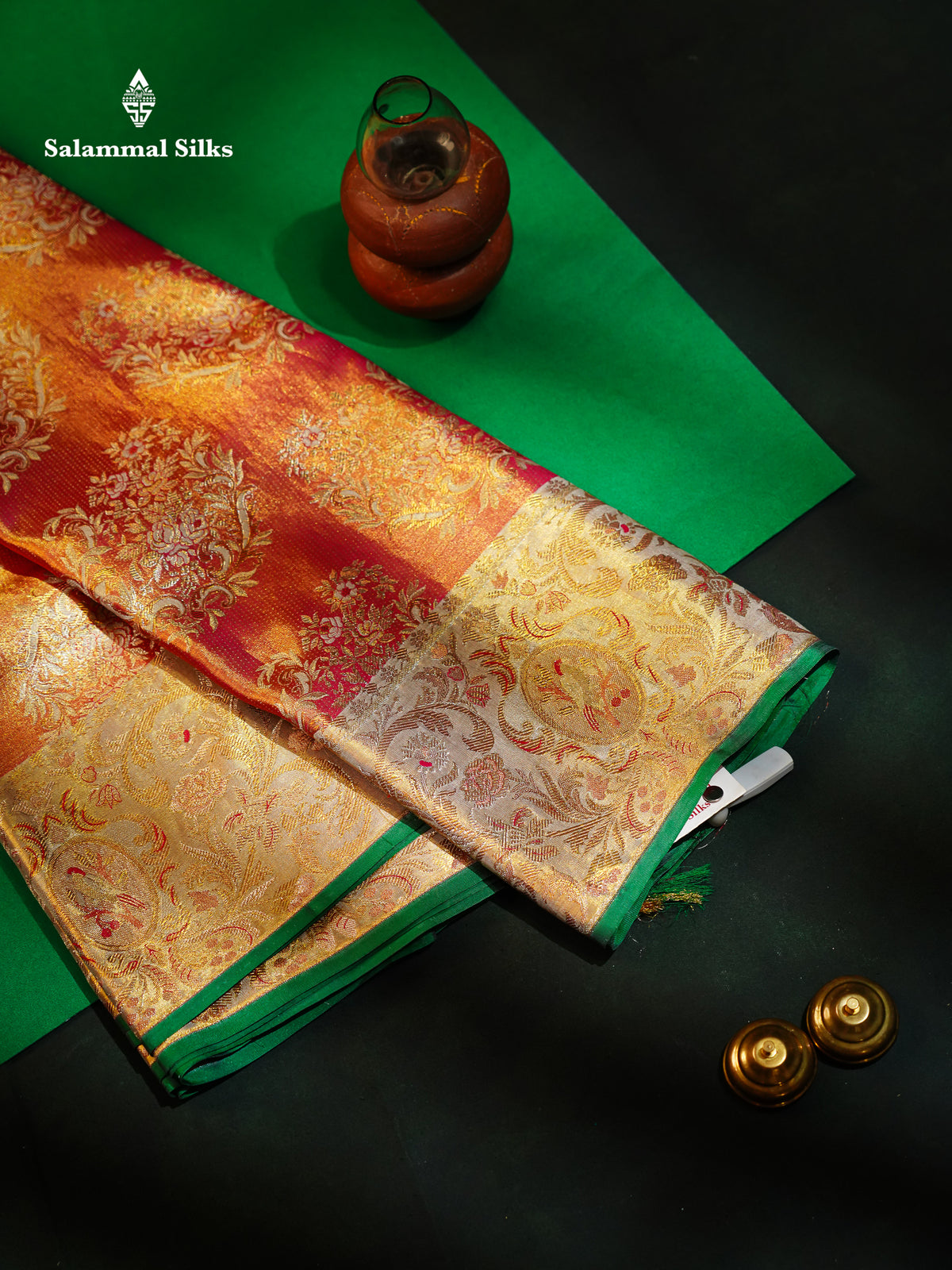 Dual Tone Pinkish Orange Tissue Bridal Pure Kanjivaram Silk Saree With Contrast Half White Border