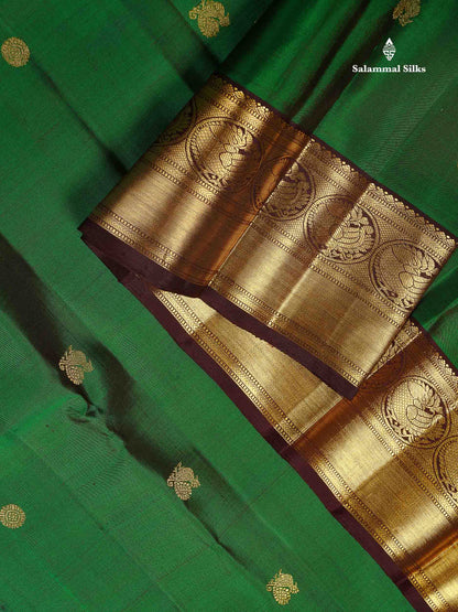 Pure Kanjivaram Silk Saree - bottle Green Colour Body Butta With Contrast Snuff Brown Traditional Border