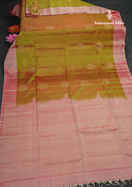 Beautiful Dual Tone Mustard Yellow Pure Kanjivaram Soft Silk Saree With Contrast Baby Pink Border