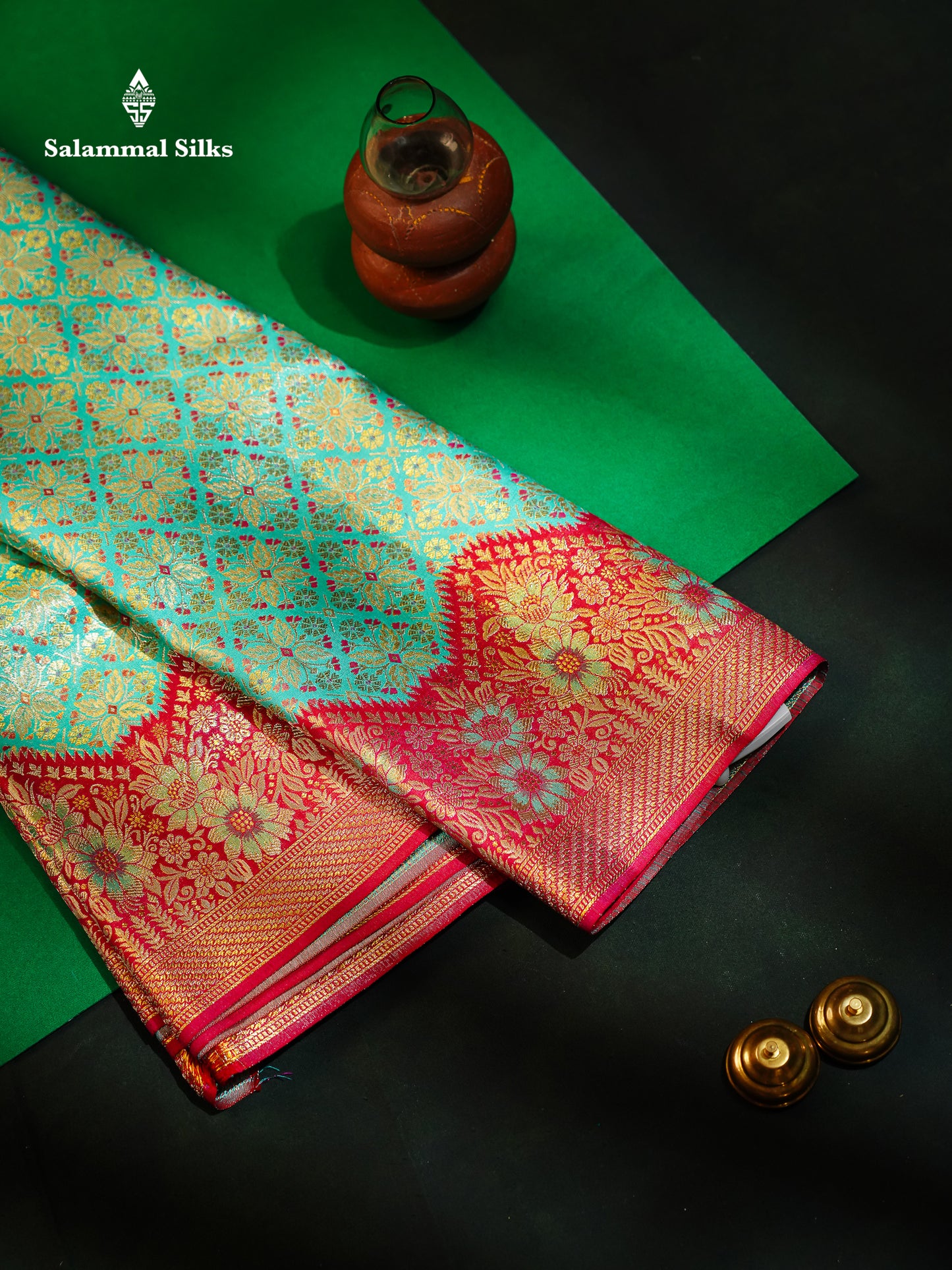 Beautiful Sapphire Green Bridal Pure Kanjivaram Silk Saree With Contrast Rani Pink Fancy Turning Border