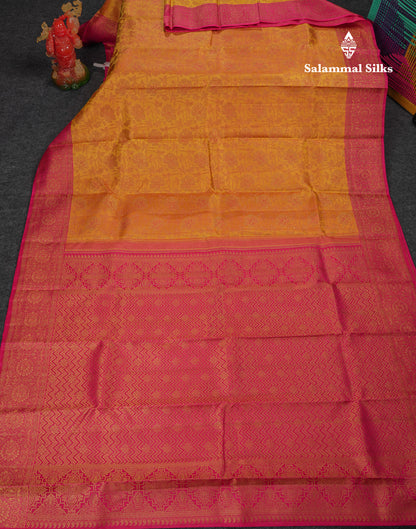 Beautiful Mustard Yellow Bridal Pure Kanjivaram Silk Saree With Contrast Pink Traditional Border