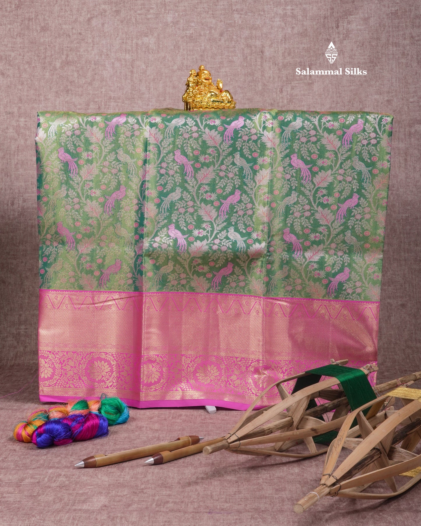 Semi Silk Pattu Pavadai (Green Tissue) With Light Pink Blouse  45"