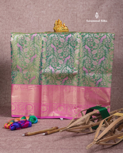 Semi Silk Pattu Pavadai (Green Tissue) With Light Pink Blouse  45"