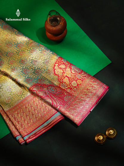 Beautiful Pastel Blue Tissue Bridal Pure Kanjivaram Silk Saree With Contrast Pink Fancy Turning Border