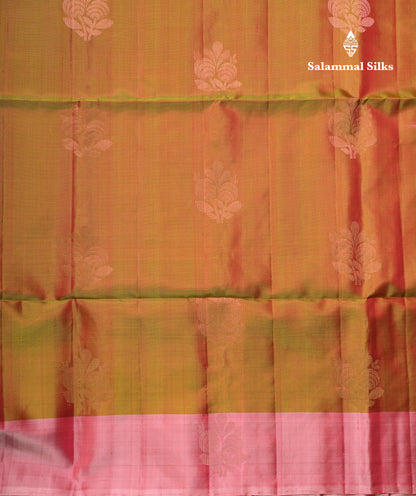 Beautiful Dual Tone Mustard Yellow Pure Kanjivaram Soft Silk Saree With Contrast Baby Pink Border
