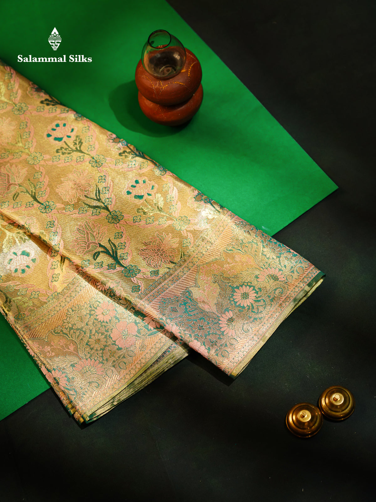 Beautiful Light Peach Tissue Bridal Menakari Work Fancy Pure Kanjivaram Silk Saree With Contrast Bottle Green Blouse