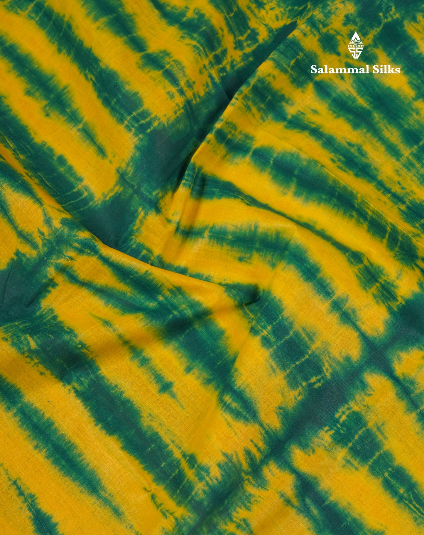 Yellow & Green Batik Print Sungudi Pure Cotton Saree With Contrast Bottle Green Blouse