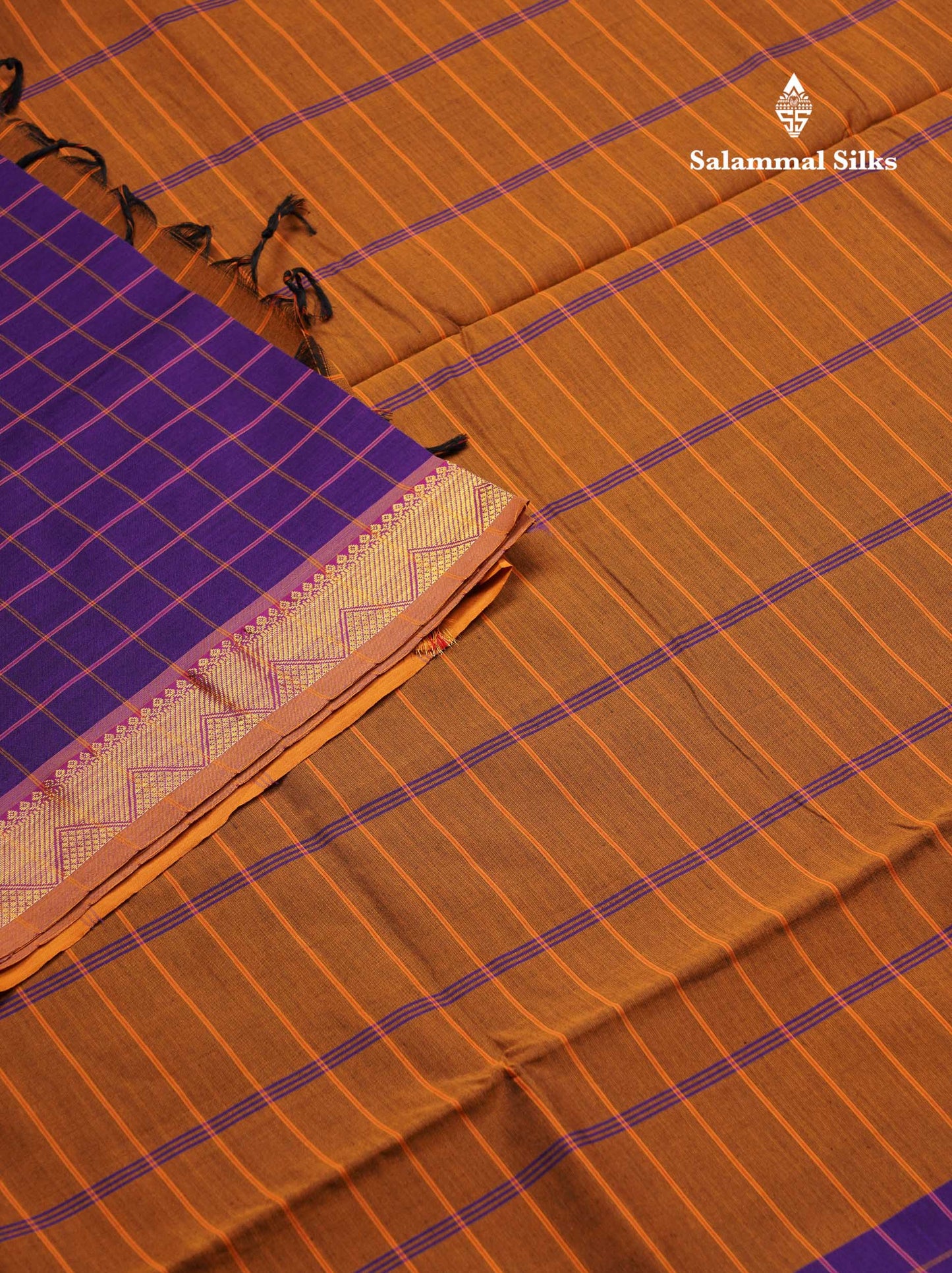 Beautiful Violet Thread Checks Semi Silk Cotton Saree With Mustard Yellow Traditional Small Border