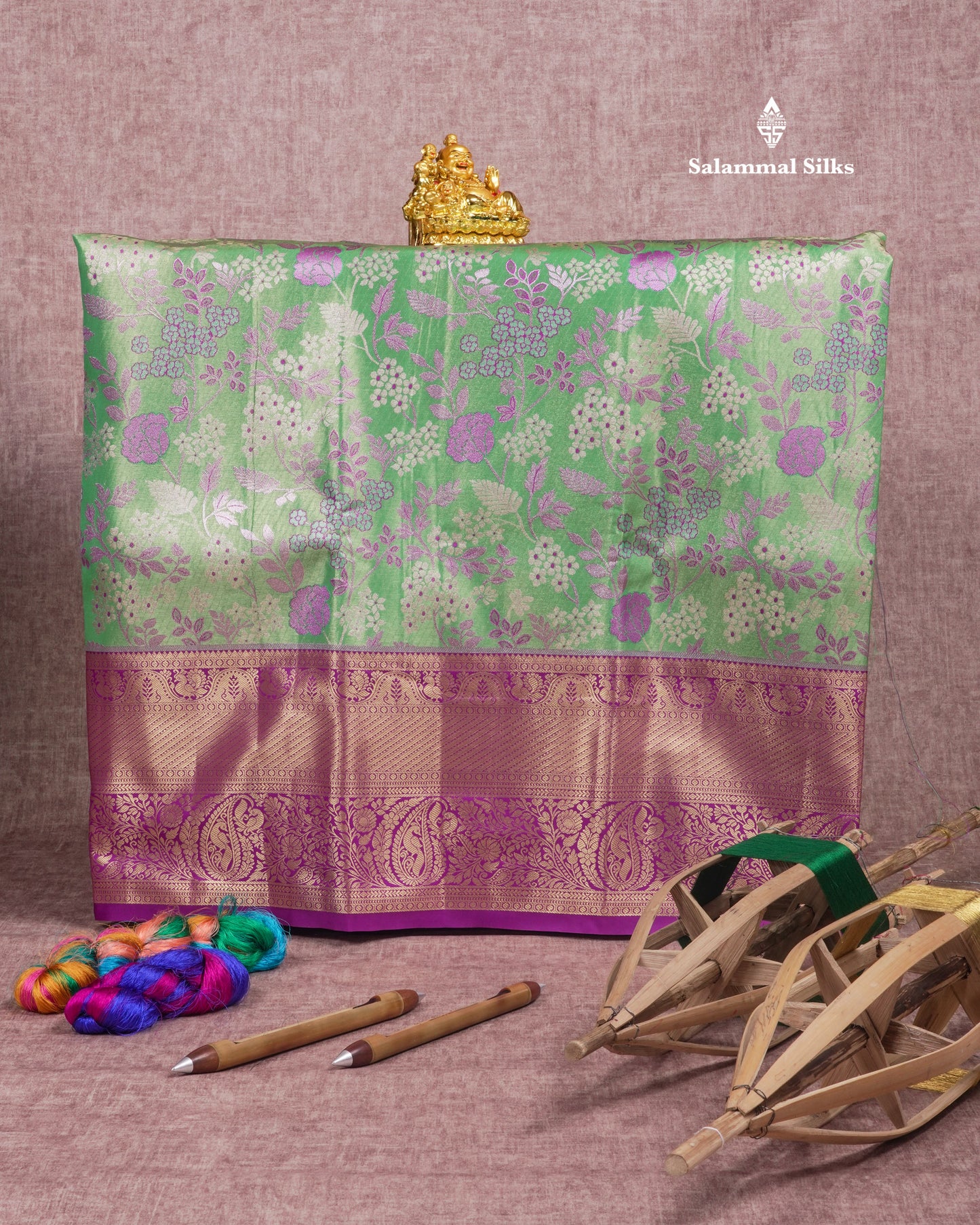 Semi Silk Pattu Pavadai (Green) With Violet Blouse  45"