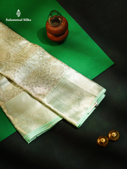 Light Parrot Green Tissue Bridal Pure Kanjivaram Silk Saree With Contrast Elaichi Green Border