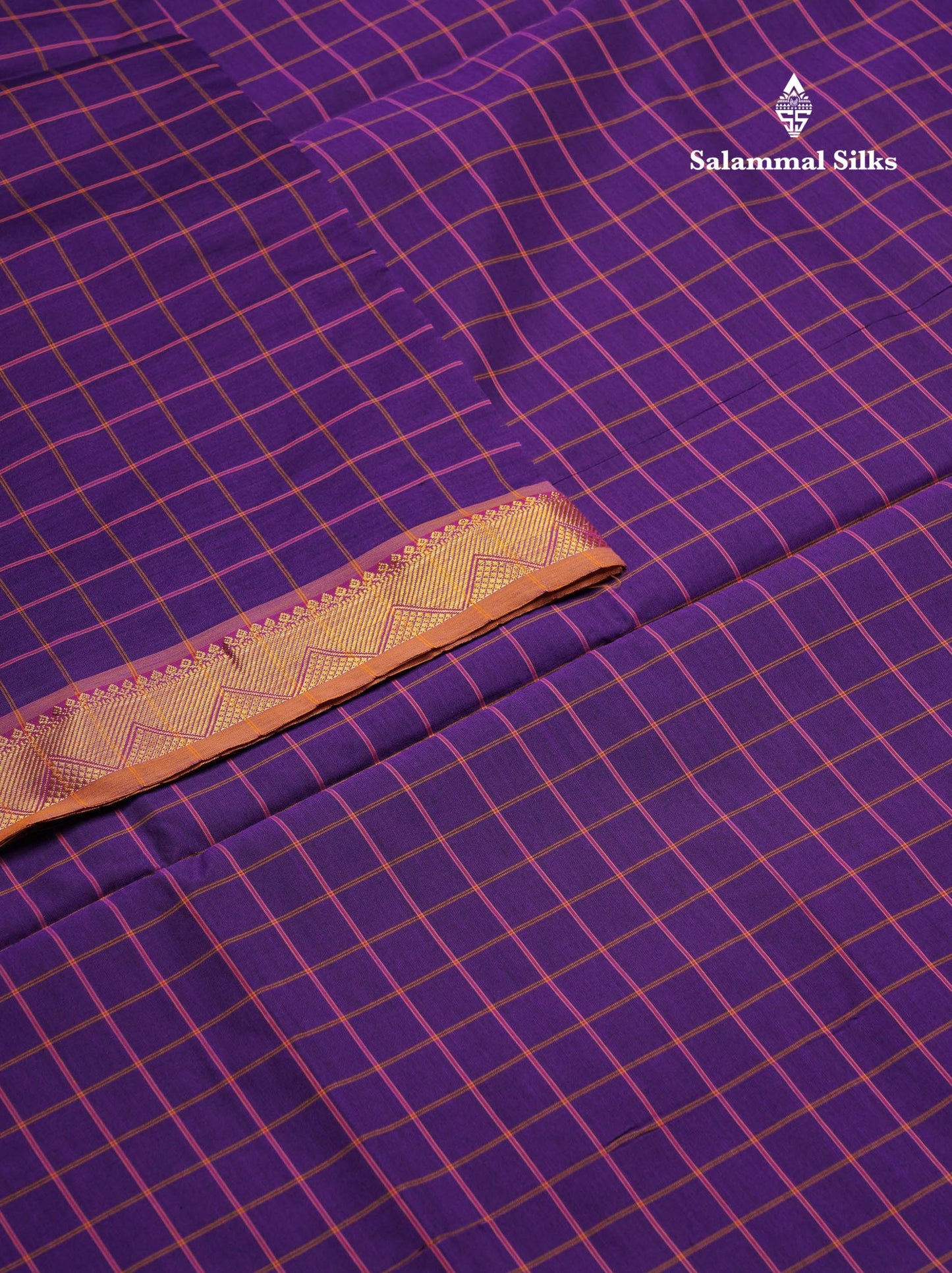 Beautiful Violet Thread Checks Semi Silk Cotton Saree With Mustard Yellow Traditional Small Border