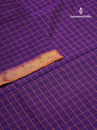 Beautiful Violet Thread Checks Semi Silk Cotton Saree With Mustard Yellow Traditional Small Border
