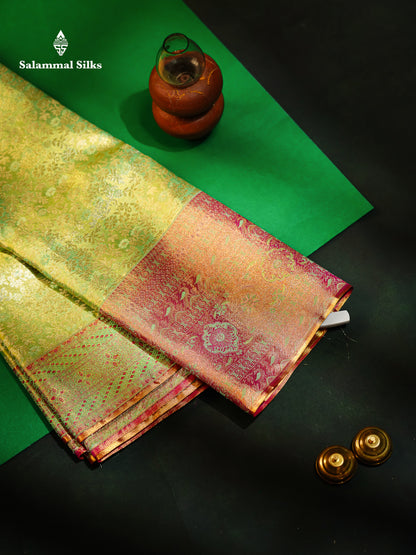 Beautiful Parrot Green Tissue Bridal Pure Kanjivaram Silk Saree With Contrast Pink Fancy Evening Morning Border