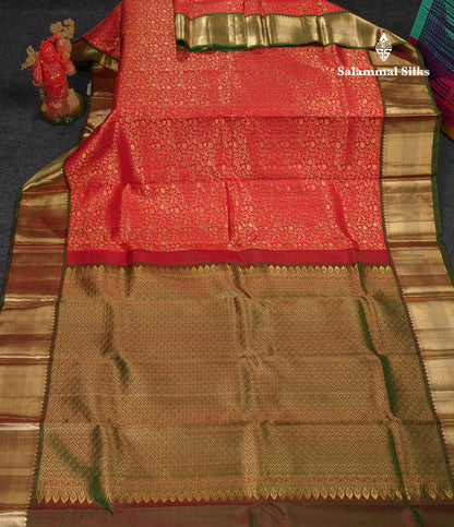 Beautiful Redish Maroon Bridal Pure Kanjivaram Silk Saree With Contrast Dual Tone Bottle Green Traditional Border