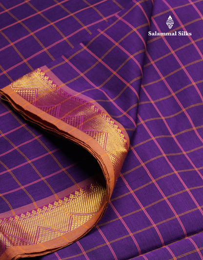 Beautiful Violet Thread Checks Semi Silk Cotton Saree With Mustard Yellow Traditional Small Border