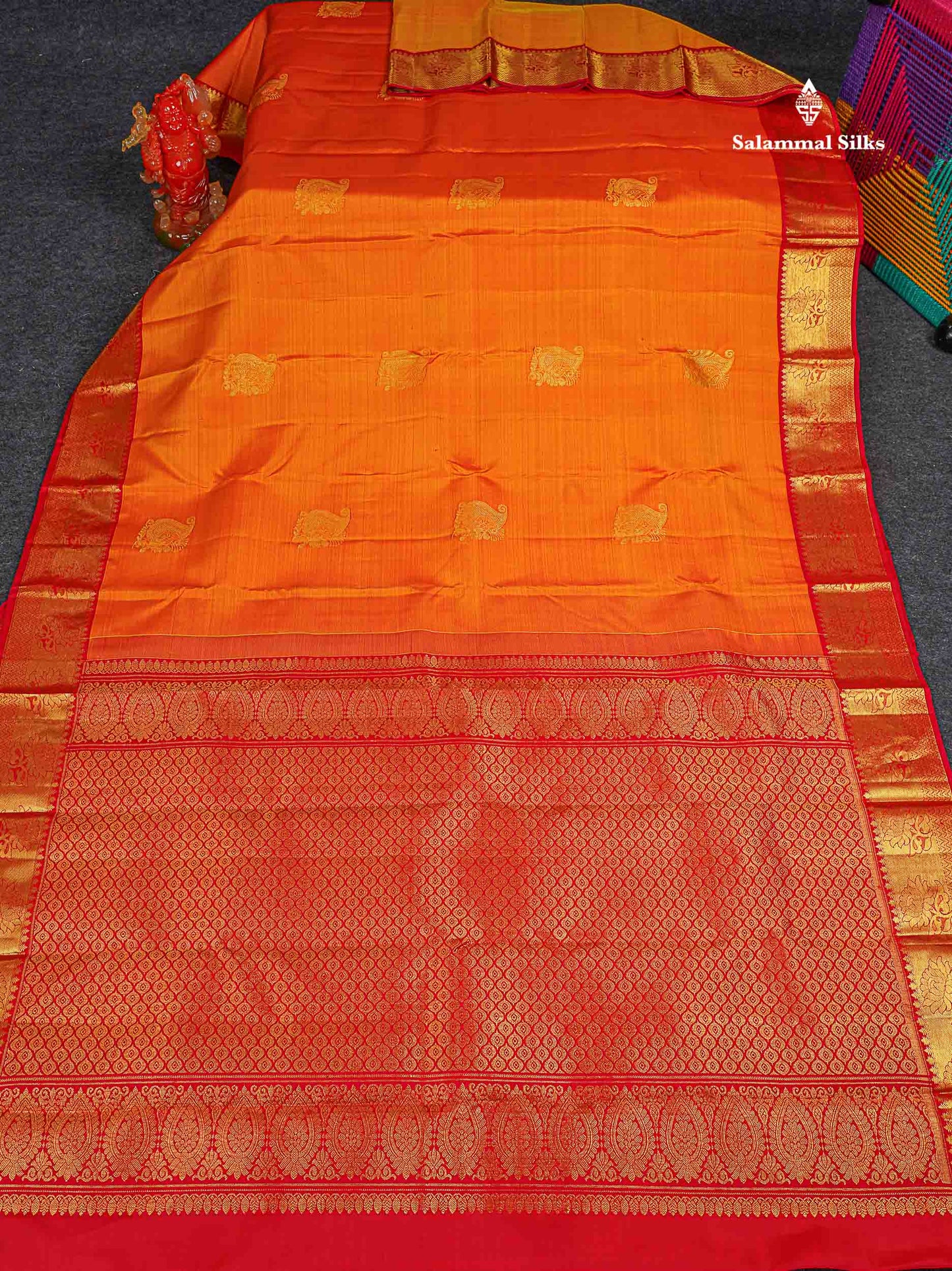 Pure Kanjivaram Silk Saree - Mango Yellow Colour Body Zari Butta With Contrast Red Traditional Border