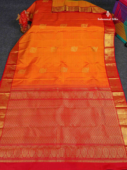 Pure Kanjivaram Silk Saree - Mango Yellow Colour Body Zari Butta With Contrast Red Traditional Border