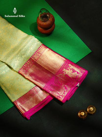 Beautiful Elaichi Green Bridal Pure Kanjivaram Silk Saree With Contrast Pink Traditional Pallaku Evening Morning Border