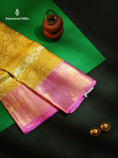 Beautiful Gold Tissue Bridal Pure Kanjivaram Silk Saree With Contrast Lavender Traditional Border