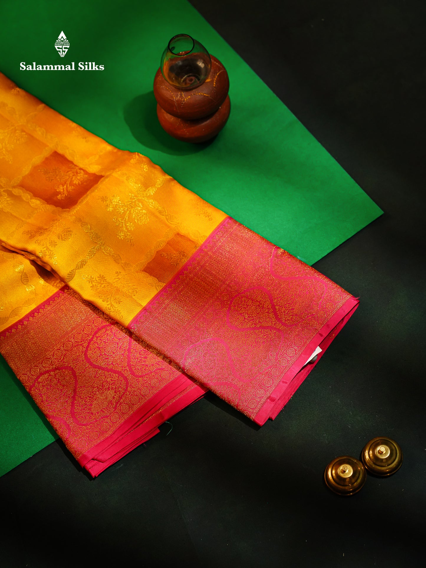 Mustard Yellow Fancy Bridal Pure Kanjivaram Silk Saree With Contrast Pink Border