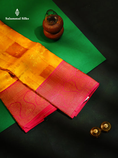 Mustard Yellow Fancy Bridal Pure Kanjivaram Silk Saree With Contrast Pink Border