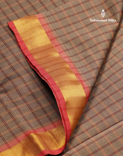 Beautiful Grey Thread Checks Semi Silk Cotton Saree With Maroon Traditional Small Border