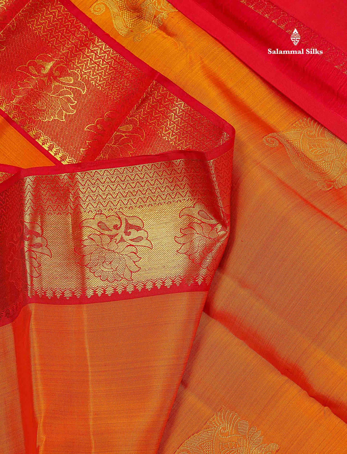 Pure Kanjivaram Silk Saree - Mango Yellow Colour Body Zari Butta With Contrast Red Traditional Border