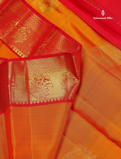 Pure Kanjivaram Silk Saree - Mango Yellow Colour Body Zari Butta With Contrast Red Traditional Border