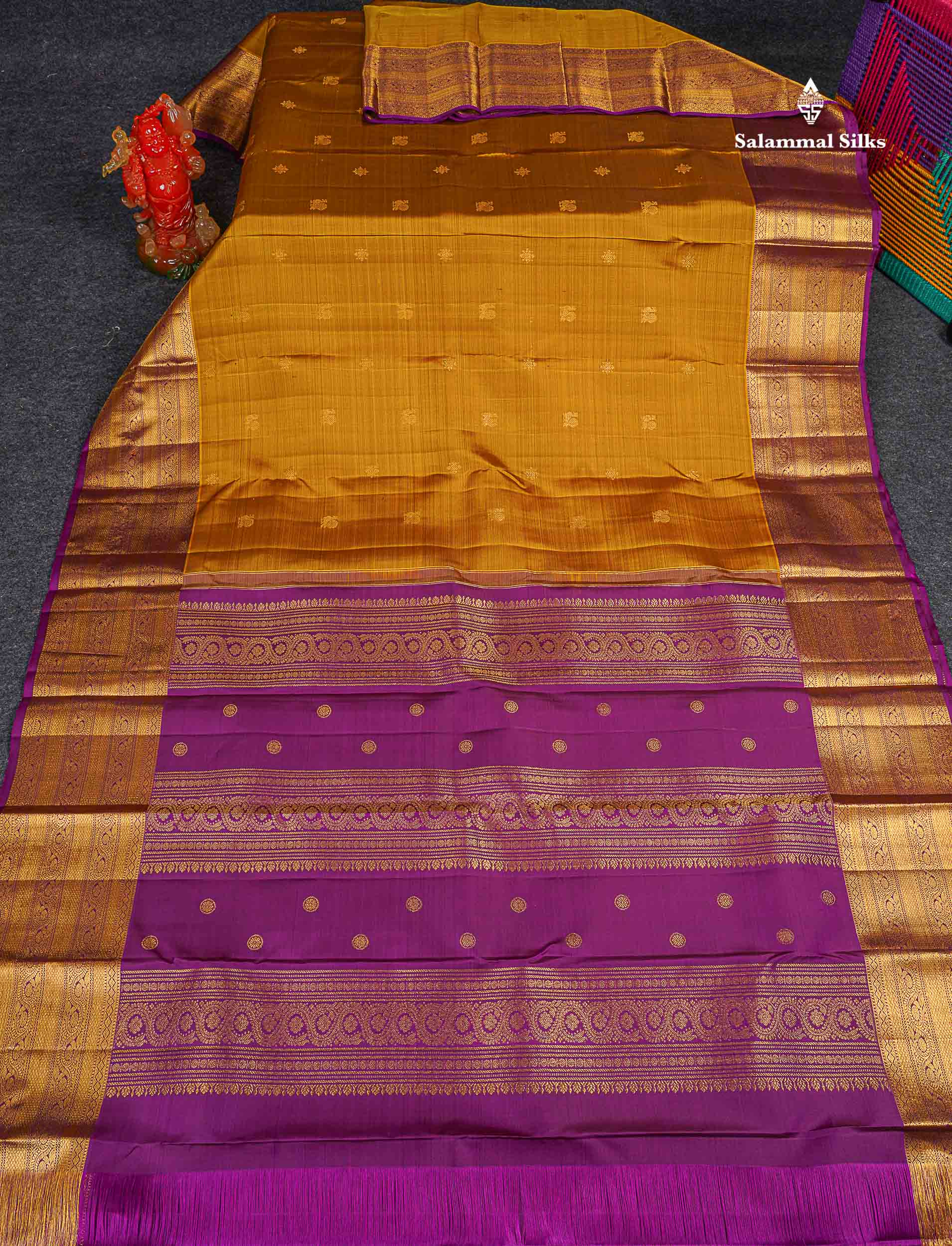 Pure Kanjivaram Silk Saree - Olive Mustard Yellow Colour Body Butta With Contrast Dark purple Traditional Border